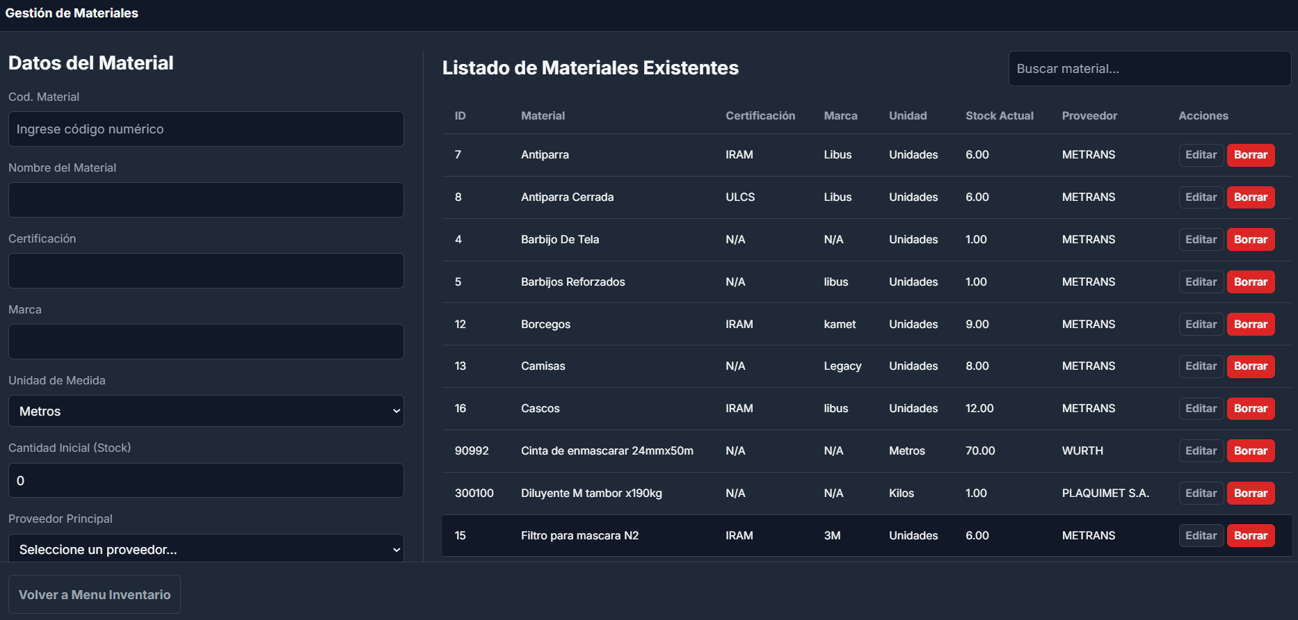 Gestión y Listado de Materiales e Inventario